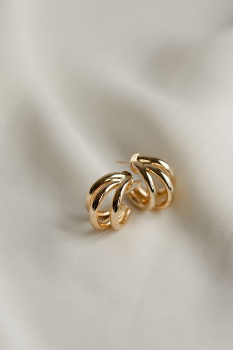 Classic + stylish -- our Triple Hoop Earrings are versatile for everyday wear. Whether they are dressed up or down, they make the perfect accessory. Available in both gold + silver. Includes two gold or silver plated triple hoop earrings Size Diameter: 20mm Width Diameter: 15mm All materials are lead & nickel free Gold Plated Hoop Earrings, Hoops Aesthetic, Gold Hoop Earrings Style, Libra Mars, Gold Ring Earrings, Gold Inspo, Trend Earrings, Hoop Gold Earrings, Silver And Gold Earrings