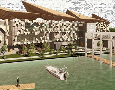 Recreational Center Design, Neo Vernacular Architecture Philippines, Waterfront Architecture Concept, Seaport Architecture, Community Hub Architecture, Fishing Architecture, Drop Off Design, Waterfront Development, Site Development Plan