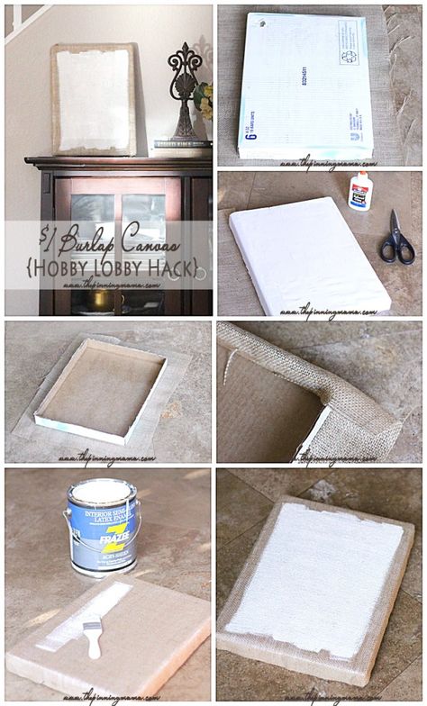 DIY $1 Burlap Canvas {Hobby Lobby  Idea para agregar algun gráfico... Interesante How To Copy A Picture On Canvas, Diy Canvas Drop Cloth Painting, Painting On Burlap Canvas Ideas, Burlap Canvas Ideas, Stretched Burlap Canvas Ideas, Hobby Lobby Hacks, Burlap Canvas Art, Canvas Stretching, Diy Hobby Lobby