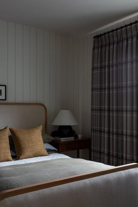 Bedroom features a gray bed with wood trim and orange linen pillows and gray plaid curtains. Modern European Home, Plaid Curtains, Light And Dwell, Color Paint, Big Boy Room, Boys Bedrooms, Boy's Bedroom, Boys Room, Interior Design Firms