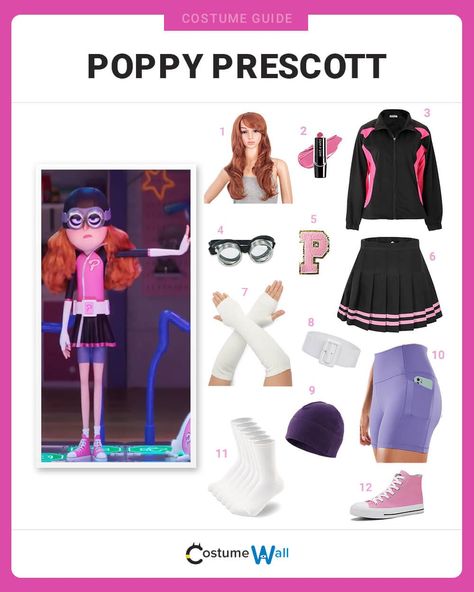 Poppy Prescott Costume Minion Dress Up, Gru Costume, White Fingerless Gloves, Minion Dress, Purple Beanie, Got Costumes, P Letter, Costume Guide, Mini Skirt White