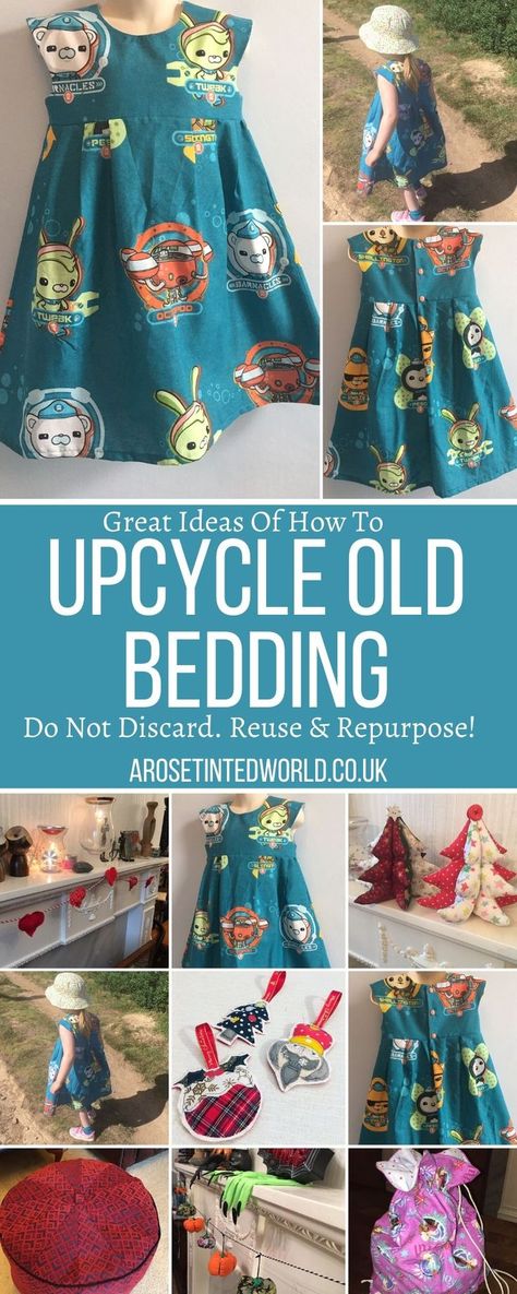 Upcycling Old Bedding - some great ideas & ways to recycle, repurpose or reuse old bed clothes, sheets & duvet covers. Be sustainable & make something new! Sewing ideas and tutorials on how to reuse instead of sending to landfill. Ecofriendly and zero waste. #sewingprojects #zerowaste #upcycling #repurpose #reuse #upcyclingbedding #upcyclongoldbedclothes Repurpose Sheets, Upcycling Ideas Clothes, Bed Clothes, Old Bed Sheets, Plastic Free Life, Old Sheets, Fabric Christmas Trees, Old Pillows, Zero Waste Kitchen