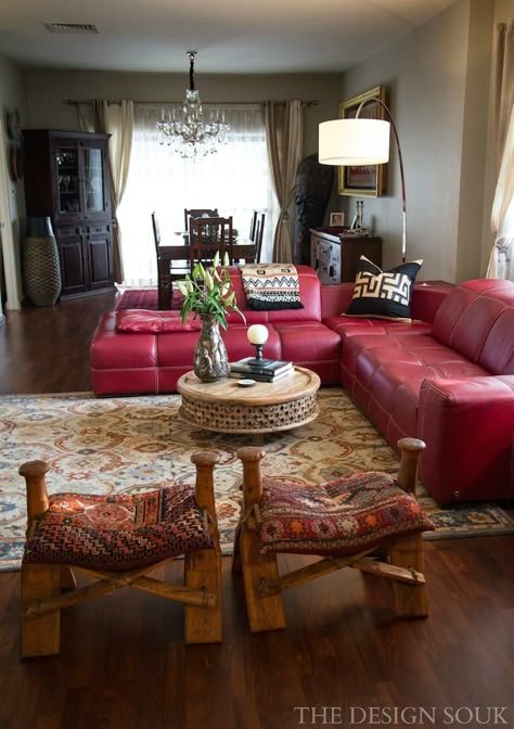 A Living Room Makeover: Project African Chic Makeover - The Design Souk Red Couches Living Room Decor Ideas, Red Leather Living Room Ideas, Red Leather Couch Living Room Ideas, Red Leather Sofa Living Room Ideas, Living Room With Red Sofa, Red Leather Sectional Living Room Ideas, Tv Room Makeover, Burgundy Sofa Living Room, Red Leather Couch Living Room