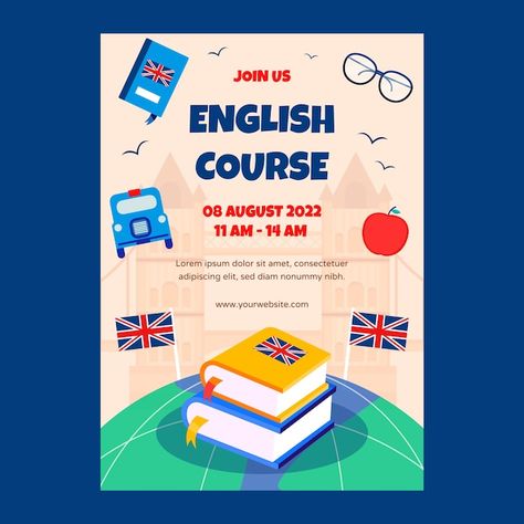 English Day Poster, English Posters Design, English Course Poster Design, Educational Advertisement, School Club Poster, Retreat Flyer, English Classes For Kids, English Poster, English Center