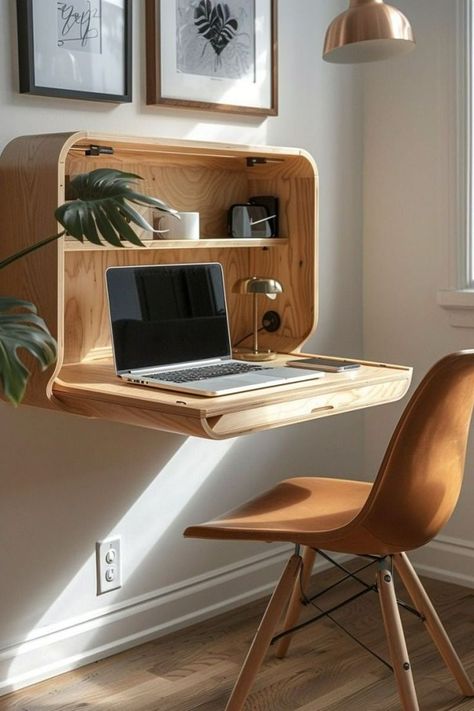 Fold Up Office Desk, Creative Desk Ideas Small Spaces, Small Living Room Ideas Apartment With Computer Desk, Office Simple Decor, Very Small Study Room Ideas, Small Hidden Desk Ideas, Hinged Desk On Wall, Wall Hanging Desk, Pull Down Desk From Wall