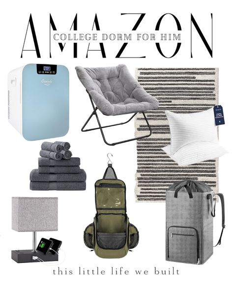 Collhe dorm for him - college essentials - college dorm finds - college boy dorm inspo Boys College Dorm, Guys College Apartment, Boys Dorm Room Ideas, Boy College Dorms, Guy Dorm, College Dorm Checklist, College Boy, Boys Dorm Room, Dorm Checklist