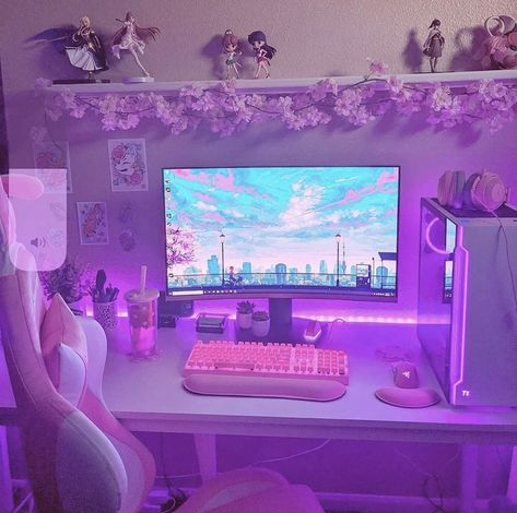 Cute Gaming Room, Purple Gaming Setup, Purple Gaming Room, Girls Gaming Setup, Purple Themed Bedroom, Pink And Purple Room, E Girl Room, Galaxy Bedroom, Gaming Bedroom