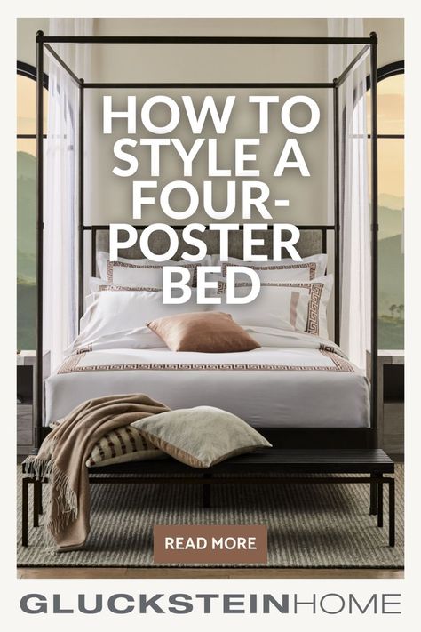 Transform any bedroom with the timeless elegance of a four-poster bed. From sleek, modern designs to classic, wooden frames, this versatile piece adds height, drama, and charm to your space. Pair with layered bedding, a canopy, or elegant lighting to make it the focal point of your room. Discover how to style a four-poster bed to suit your space and create your dream sanctuary. Farmhouse Bedroom With Four Poster Bed, Dark Four Poster Bed, Bedrooms With 4 Poster Beds, Four Poster Bed Styling, Bedroom Inspirations Four Poster Bed, Poster Beds Ideas, 4 Poster Bedroom Ideas, 4 Poster Bed Ideas, Poster Bed Design