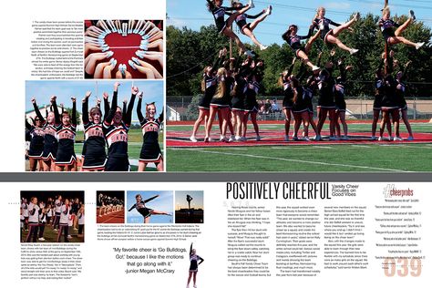 Fort Zumwalt South High School, O'Fallon, Missouri/Cheerleading spread Varsity Cheer Yearbook Page, Cheer Yearbook Page, Cheer Yearbook Spread, Yearbook Spread Ideas, Cheer Sayings, Yearbook Mods, Yearbook Ad Template, Yearbook Covers Design, Yearbook Inspiration