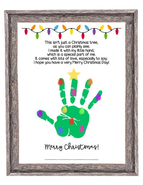 an image of a christmas tree handprint craft template with a poem. a christmas holiday keepsake for young children and toddlers Family Handprint Christmas Tree, Hand Print Xmas Tree, Kids Crafts For Grandparents Christmas, Christmas Crafts On Canvas For Kids, Preschool Christmas Craft Gifts, Toddler Christmas Paint Crafts, Christmas Tree Bulb Ornaments, Handprint Pot Holders, Toddler Hand Print Christmas Crafts