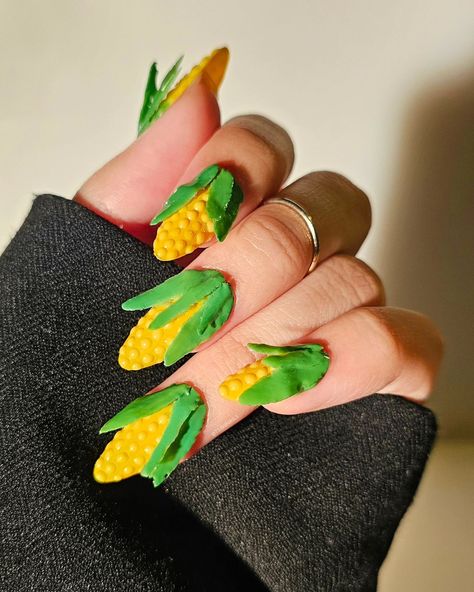 Uñas Cute, Corn Nails, Food Nails, French Alps, Cute Aesthetic, 3d Nail Art, 3d Nails, Almond Nails, Top Coat