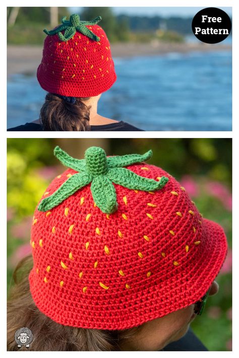 Berry Cute Strawberry Bucket Hat Free Crochet Pattern Free Bucket Hat Pattern, Crochet Strawberry Bucket Hat, Crochet Bucket Hat Free Pattern, Bucket Hat Pattern Free, Strawberry Bucket Hat, Hat Free Crochet Pattern, Beanie Pattern Free, Crochet Beanie Pattern Free, Bucket Hat Pattern