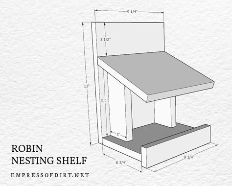 Make a Robin Nesting Shelf (Free Plans) | Empress of Dirt Robin Bird House Plans, Easy Nesting Box Ideas, Simple Nesting Boxes, Nesting Shelf For Birds, Robin Birdhouse, Robin Bird House, Robin Nesting Boxes, Robin Nesting Box Plans, Nesting Box Dimensions