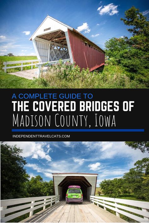 During a road trip a few years ago, we decided to make a detour to visit the covered bridges of Madison County Iowa. Madison County is located about 30 miles from Des Moines and is called the “Covered Bridge Capital of Iowa” for having the largest group of covered bridges in one area west of the Mississippi River! Here's our complete guide :) #UnitedStates #USA #RoadTrip #USARoadTrip #USATravel #Travel #TravelIdeas #TravelInspiration Great River Road Trip Iowa, Bridges Of Madison County Musical, Winterset Iowa, College Visits, Iowa Road Trip, Bridges Of Madison County, The Bridges Of Madison County, Bridges Of Madison County Movie, Natural Bridge Virginia