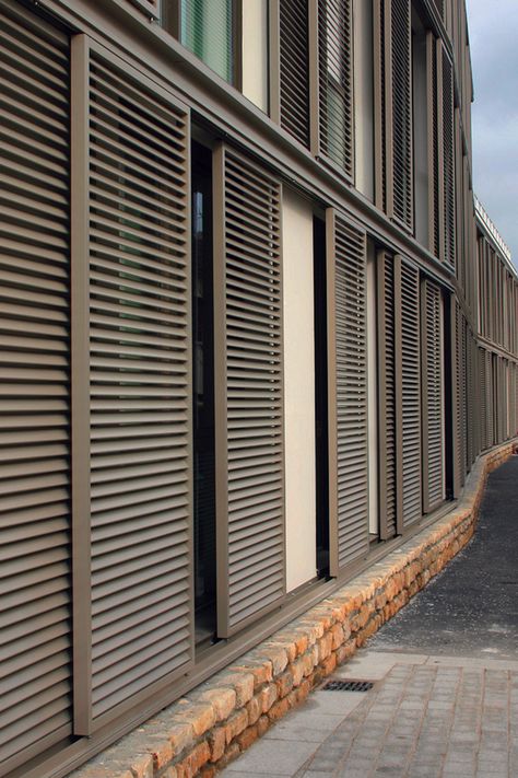 Japanese Shutters, Modern Shutters Exterior, Contemporary Shutters, Louvre Doors, Shutter Wall, Outdoor Shutters, House Balcony, Sliding Shutters, Mobile Home Porch