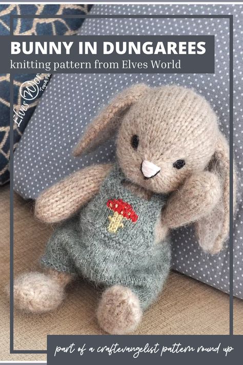 This adorable knit bunny pattern from Elves World is the perfect pattern to knit up for a baby shower gift! With instructions for the delightful dungarees as well as a cute little beret, this sweet little bunny will make a cherished handmade gift! Find the link to this pattern and more great #KnitAndCrochetBabyPatterns in the #PatternRoundUp by #CraftEvangelist #Yarn #Crafts #AmigurumiPattern #KnitBunnyPattern #BabyKnittingPatterns