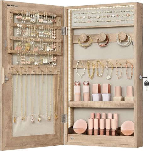 [Large Capacity] With 72 earring slots and 24 earring stud holes, 24 necklace hooks, 39 ring slots, 3 bracelet rods, and 2 shelves, all of your treasures have their places in this 3.8 x 14.6 x 26.4 inches mirror jewelry cabinet—no more mess and tangles! Led Lights Wall, Wall Jewelry Organizer, Florida Apartment, Jewlery Holder, House Organization, Mirror Jewelry, Mirror Jewellery Cabinet, Jewelry Display Case, Jewelry Organizer Wall