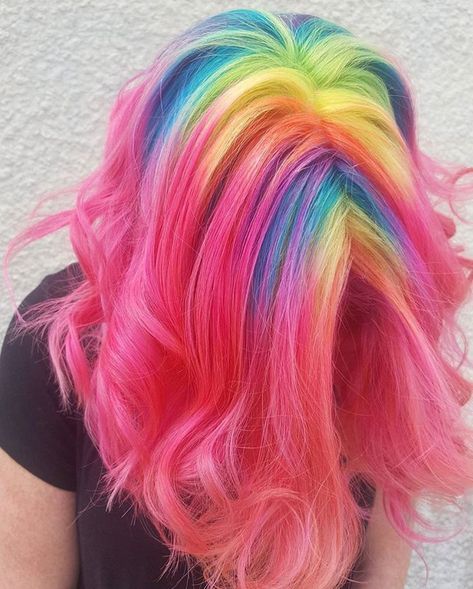 Rainbow Highlights, Hair Rainbow, Multicolored Hair, Hair Dye Ideas, Cool Hair, Colorful Hair, Hair Colours, Rainbow Hair, Colored Hair