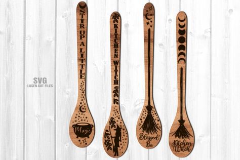 Unique Things To Make And Sell, Witchy Crafts To Sell, Witch Spoon, Lazer Engraver, Kitchen Decor Fall, Wooden Spoon Crafts, Wood Burn Designs, Pagan Crafts, Spoon Crafts