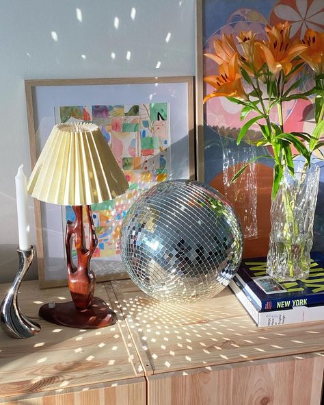 Mirror Disco Ball, Dopamine Decor, Uni Room, Deco Studio, Mirror Ball, Decoration Inspiration, Decor Aesthetic, Inspired Living, Aesthetic Bedroom