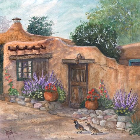 Southwest Drawings New Mexico, Adobe Cottage, Southwest Art Paintings, Watercolor Buildings, Adobe Houses, Adobe Homes, Taos Art, Mexican House, Painting Old