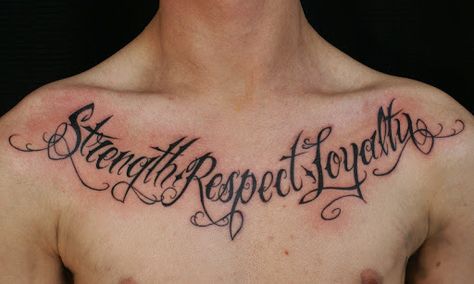 Tattoo Words Design, Chest Tattoo Words, Chest Tattoo With Meaning, Chest Tattoo Quotes, Hand Tattoos Pictures, Tattoo Font For Men, Loyalty Tattoo, Wörter Tattoos, Tattoo Quotes For Men