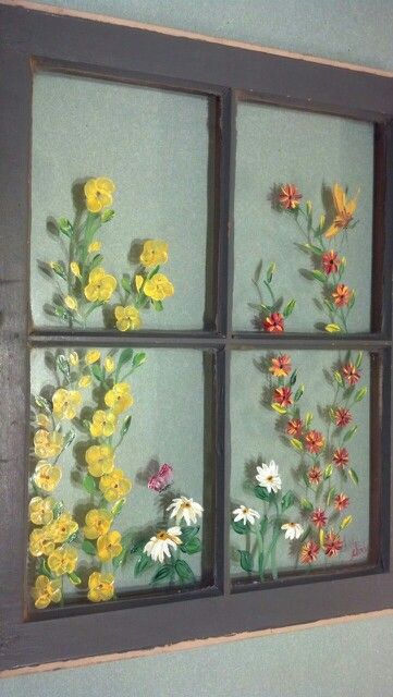 Flowers I painted on old window, a few butterflies Painting Flowers On Glass Windows, Painted Window Frames Bedroom, Flower Painting On Glass Frame, Flowers Painted On Glass Window, Butterfly Window Art, Spring Window Painting Ideas, Flower Window Painting, Painted Window Panes, Old Windows Painted