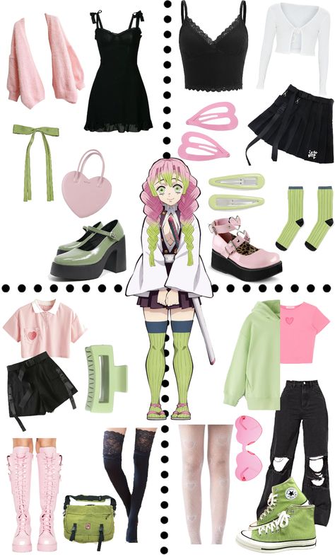 #Mitsuri #Demonslayer. Discover outfit ideas for made with the shoplook outfit maker. How to wear ideas for Heart Cut Out Crop and Reformation Slip Dress Com Anime Convention Outfit Ideas, Mitsuri Kanroji Outfit Ideas, Outfits Inspired By Demon Slayer, Shinobu Inspired Outfit, Mitsuri Outfit Ideas, Mitsuri Inspired Outfit, Nezuko Inspired Outfit, Mitsuri Kanroji Outfit, Anime Outfit Ideas Casual