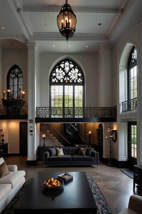 modern gothic home blends timeless elegance with contemporary flair incorporating dark rich color palettes dramatic architectural details and a touch of mystery creating a unique ambiance that reflects both historical charm and modern sophistication #ModernGothic #HomeDesign #InteriorInspiration #TimelessStyle #ContemporaryElegance Gothic Design Interior, Dark House Aesthetic Interior, Gothic Cathedral Interior, Modern Gothic House Interior, Dark Gothic House, Gothic Mid Century Modern, Gothic House Design, Gothic Home Decor Modern, Modern Gothic Architecture