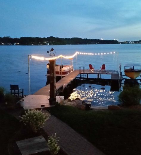 Dock Solar Lights, Lake Pier Ideas Decks, Dock Lighting Ideas, Lake Docks Designs, Floating Dock Plans, Dock Lights, Dock Ideas, Key House, Outdoor Movie Screen