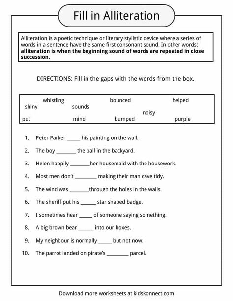 Alliteration Examples, Definition & Worksheets | KidsKonnect Alliteration Examples Poetry, Alliteration Worksheet, Personification Examples, Figurative Language Poems, Alliteration Examples, Third Grade Grammar Worksheets, Alliteration Activities, Poetry Analysis Worksheet, Reading Practice Worksheets