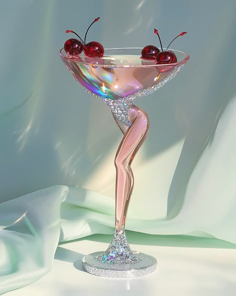 When your cocktail's got legs for days and a garnish that slays🦵🍒🍸 #Iridescent #IridescentAIArt #Cherries #Cocktail #LegsForDays Rhinestone Wine Glasses, Barbie Moodboard, Cherries Aesthetic, Loud Luxury, Photoshoot Campaign, Cute Clown Makeup, Pink Tax, Playlist Song, Beautiful Cocktails