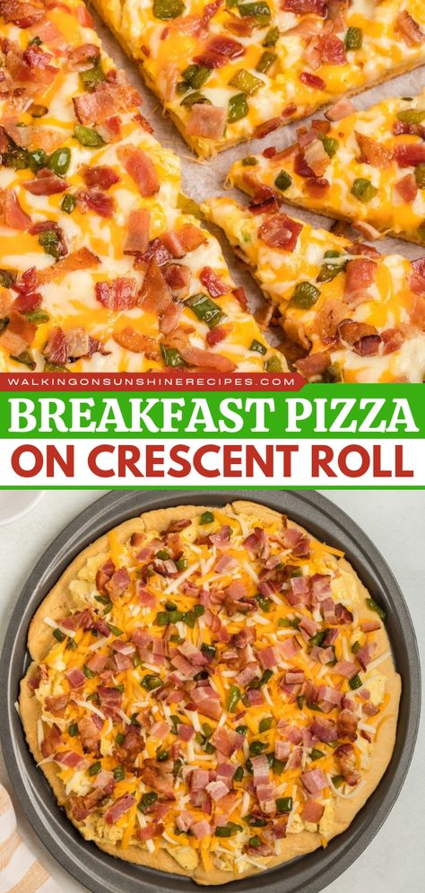 This Breakfast Pizza on Crescent Roll is a simple holiday baking recipe topped with eggs, crumbled bacon, diced peppers, and cheeses. It also makes the best brunch idea! Easy Breakfast Pizza Crescent Rolls, Croissant Pizza Crust, Crescent Pizza Dough Recipes, Keto Breakfast Pizza Recipe, Recipes With Pie Crust Pillsbury, Pillsbury Pizza Crust Recipes Breakfast, Pillsbury Croissant Breakfast Ideas, Egg Crescent Roll Recipes, Easy Breakfast Appetizers