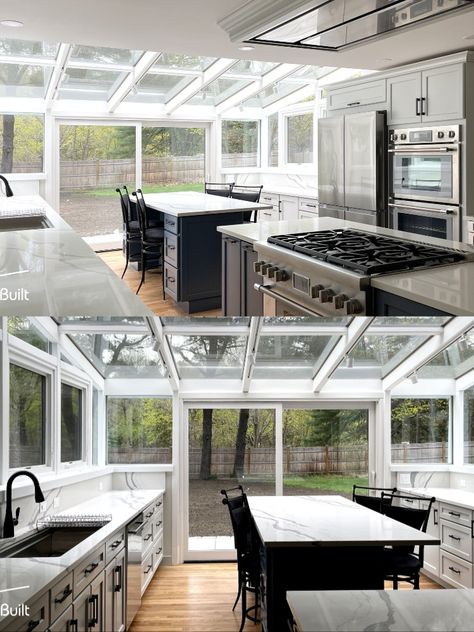 Kitchen Bump Out Addition, Kitchen Bump Out, White Kitchen Counters, Kitchen Sunroom, Sunroom Kitchen, Open Concept Design, Sunroom Addition, Bump Out, Kitchen Addition