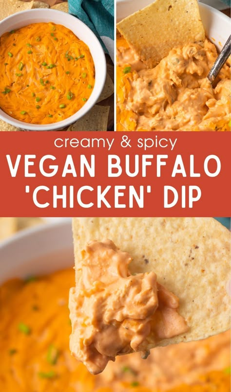 Creamy and spicy Vegan Buffalo Chicken Dip. All of the classic flavors without the dairy and meat. There are only 5 components to this dip: shredded vegan chicken, vegan cream cheese, vegan ranch, hot sauce, and shredded vegan cheese. Vegan Buffalo Chicken Dip, Vegan Buffalo Chicken, Chickpea Dip, Buffalo Chickpea, Vegan Apps, Vegan Appetizer, Vegan Party Food, Vegan Party, Vegan Dip