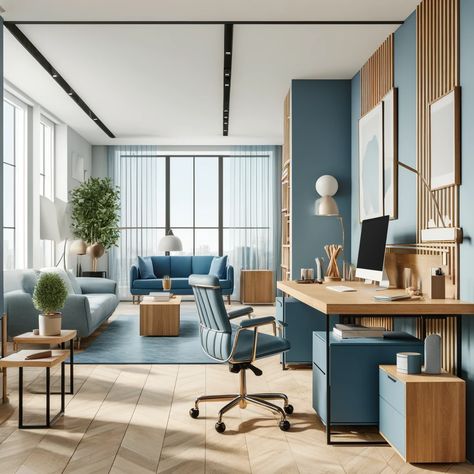 Blue office with natural wooden pieces to create a minimal room with a desk. Blue Accent Office, Coastal Modern Office, Blue Office Design, Blue And White Office, Blue Office Chair, Podcasting Studio, Blue Home Office, Coastal Home Office, Blue Home Offices