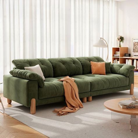 94.5" Modern Green Corduroy Upholstered Sofa Loveseat Couch Sofa with Solid Legs 3 Seat Sofa for Living Room Green Sofas, Toronto Apartment, Corduroy Sofa, Couch And Loveseat, Sofa Loveseat, Wood Sofa, Sofa Upholstery, Pillow Top, Loveseat Sofa