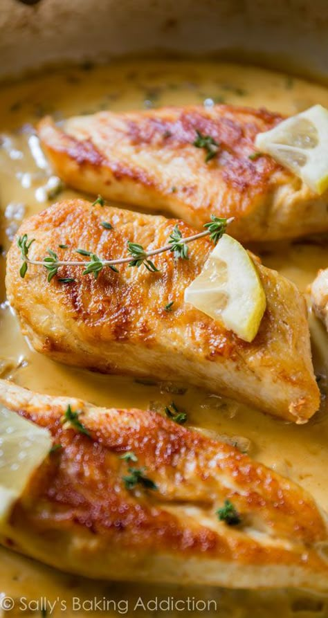 One pan wonder right here! Crispy chicken with creamy lemon thyme sauce makes an easy weeknight meal. Thyme Sauce, Lemon Thyme Chicken, Chicken Food Recipes, Health Tricks, Thyme Chicken, Thyme Recipes, Skillet Dishes, Lemon Thyme, Poultry Dishes