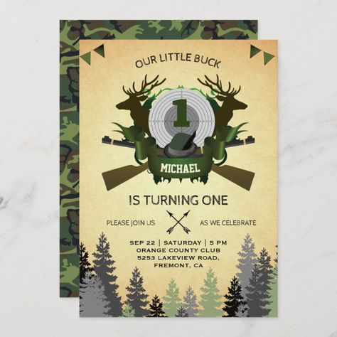 Hunting 1st Birthday Party, Hunting 1st Birthday, Deer Hunting Birthday, Hunting Birthday Party, Hunting Birthday, Hunting Themes, Hunter Kids, Hunting Party, 1st Birthday Party Invitations