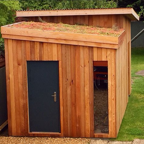 Cedar clad workshop and shed with fire doors and sedum wildflower living roof. Contempory. Small Garden Office Shed, Annexe Ideas, Small Garden Office, Garden Office Shed, Green Therapy, Monopitch Roof, Cabin Garden, Bbq Hut, Contemporary Garden Rooms