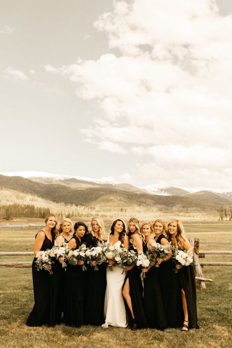 Revelry Bridesmaid Dresses Black, Mountain Wedding Black Dress, Country Wedding Black Bridesmaid Dresses, Black Bridesmaid Dresses Country, Dark Bridal Party, Western Wedding With Black Bridesmaid Dresses, Black Western Bridesmaid Dresses, Black And Cream Boho Wedding, Shades Of Black Bridesmaid Dresses