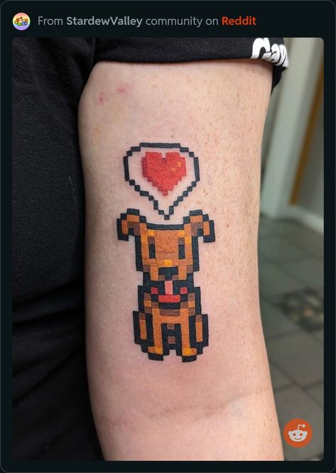 Stardew Valley Tattoo Ideas, Minecraft Tattoo Ideas, Stardew Valley Tattoo, Minecraft Tattoo, Pixel Tattoo, Watercolor Tattoo Ideas, Valley Tattoo, Horrible Tattoos, Master Tattoo