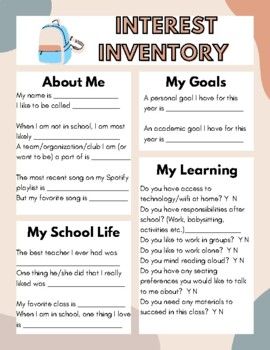 Too many "All About Me" activities are created for elementary school students; get to know your middle and high school students with this simple interest inventory. Learn about their likes/dislikes and goals while also gathering important information for you as a teacher (access to wifi, obligations outside of school).Sentence frames make this a short and simple activity, while also offering support for ELL and SPED students, as well as struggling readers. Get To Know Me Middle School, All About Me High School Activity, Middle School Get To Know You Activities, All About Me High School, All About Me Middle School, Interest Inventory Elementary, Student Interest Inventory, Teacher Questionnaire, Ideal Classroom