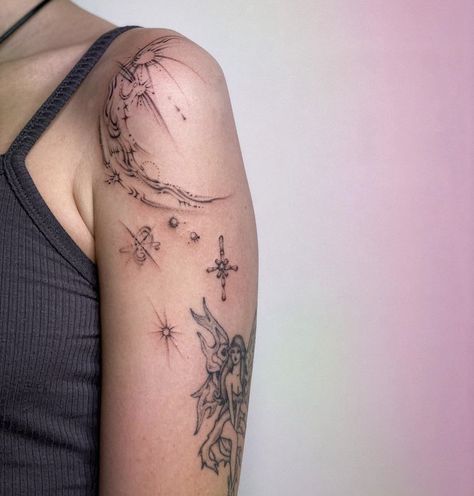 Sensitive Tattoo Areas, Ethereal Tattoos Collarbone, Tattoo On Upper Arm For Women, Space Nature Tattoo, Ethereal Sleeve Tattoo, Dreamy Tattoo Aesthetic, Celestial Shoulder Tattoo, Galaxy Shoulder Tattoo, Whimsical Tattoo Ideas