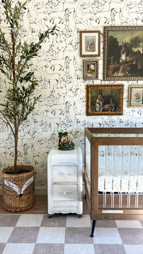 Nursery Woodland Wallpaper, Vintage Woodland Wallpaper, Vintage Green Nursery, Woodland Nursery Decor Ideas, Vintage Nursery Theme, Vintage Fairytale Nursery, Vintage Nursery Wallpaper, English Cottage Nursery, Nursery With Wallpaper