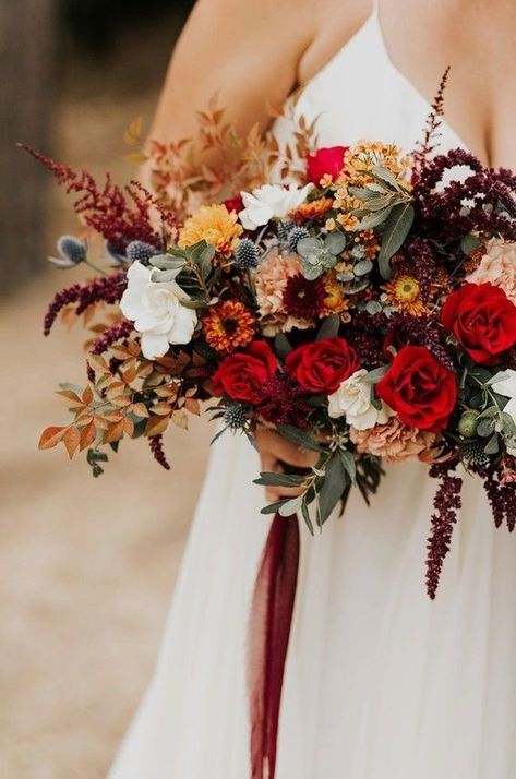 Autumn Wedding in Burgundy, Deep Red, Navy and Terracotta with Blush Accents Diy Fall Wedding Flowers, New England Fall Flowers, Fall Bridal Flower Crown, Fall Bridal Bouquet November, Bright Fall Wedding Flowers, September Flowers Wedding, Fall Foliage Bouquet, Fall Greenery Wedding, Orange Flowers Wedding