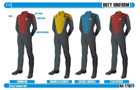 Star Trek new uniforms. Starfleet Uniform, Sci Fi Uniform, Star Trek Artwork, Trek Deck, Star Trek Rpg, Tactical Suit, Star Trek Data, Star Trek Uniforms, Star Fleet