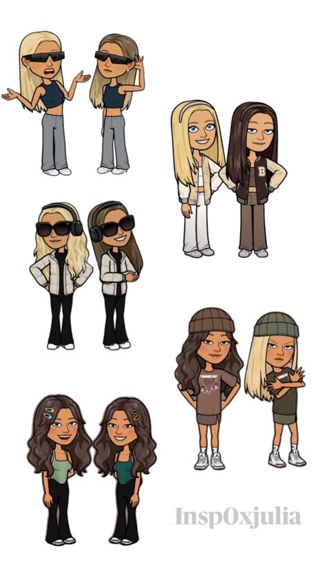 Matching Bff Bitmoji, 2 People Bitmoji Ideas, Besties Bitmoji Outfits, Snapchat Bitmoji Outfits Besties, Cute Outfits For Bitmoji, Soccer Bitmoji Outfit, Matching Summer Bitmoji Outfits, Cute Matching Snapchat Outfits, But Moji Outfits