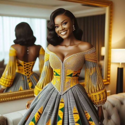 Nanice Weddings | Wedding dresses in Accra | Kente Magic in Yellow and Silver 😍! IT'S SCREAMING ELEGANCE! 🔥♥️ #weddingdressmagic 😍To recreate any of these designs in real time… | Instagram African Bride Dress, Crochet Dress Outfits, Classy Gowns, Kente Dress, African Bride, Dinner Dress Classy, Evening Dresses With Sleeves, African Print Dress Designs, High Fashion Outfits