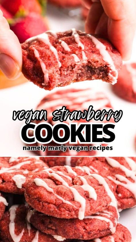 Vegan Strawberry Cookies Strawberry Cookie Recipe, Accidentally Vegan Foods, Strawberry Chocolate Chip, Chocolate Chip Cookies Vegan, Strawberry Chocolate Chip Cookies, Easy Vegan Cookies, Vegan Gluten Free Cookies, Strawberry Sugar Cookies, Vegan Egg Substitute